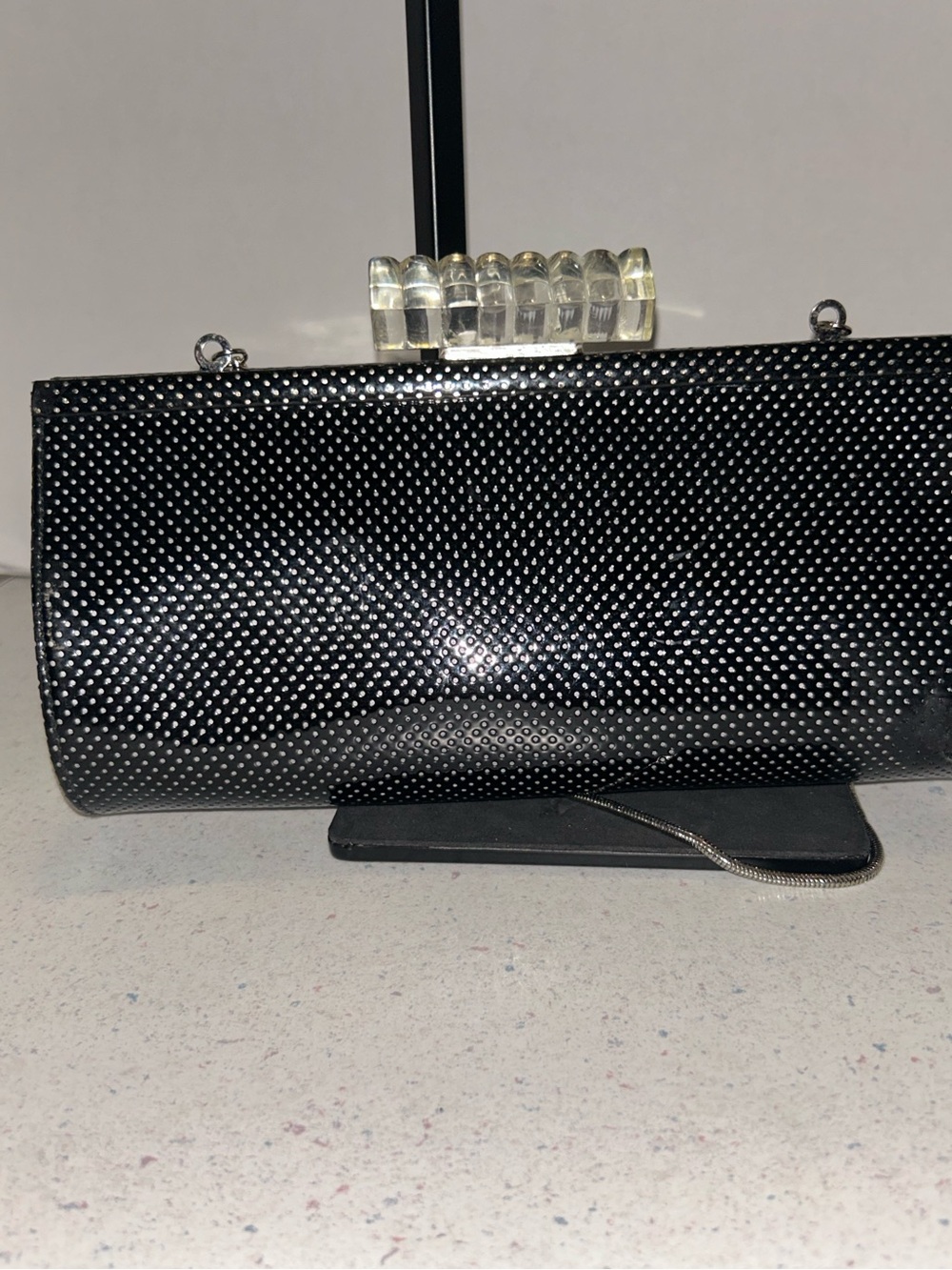 Black Perforated Faux Leather Evening Clutch with Chain Strap